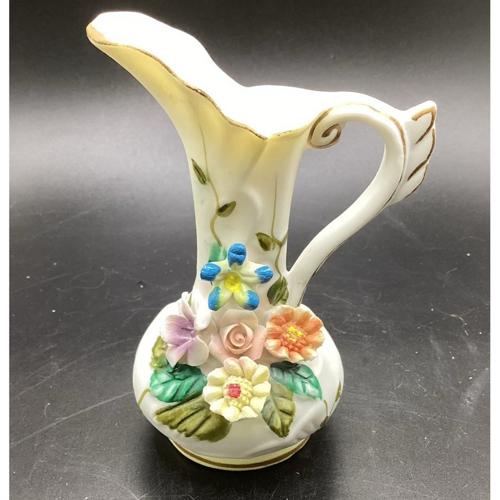 Vintage Miniature Pitcher Vase W/ Applied Flowers Taiwan 4" Tall Hand Painted